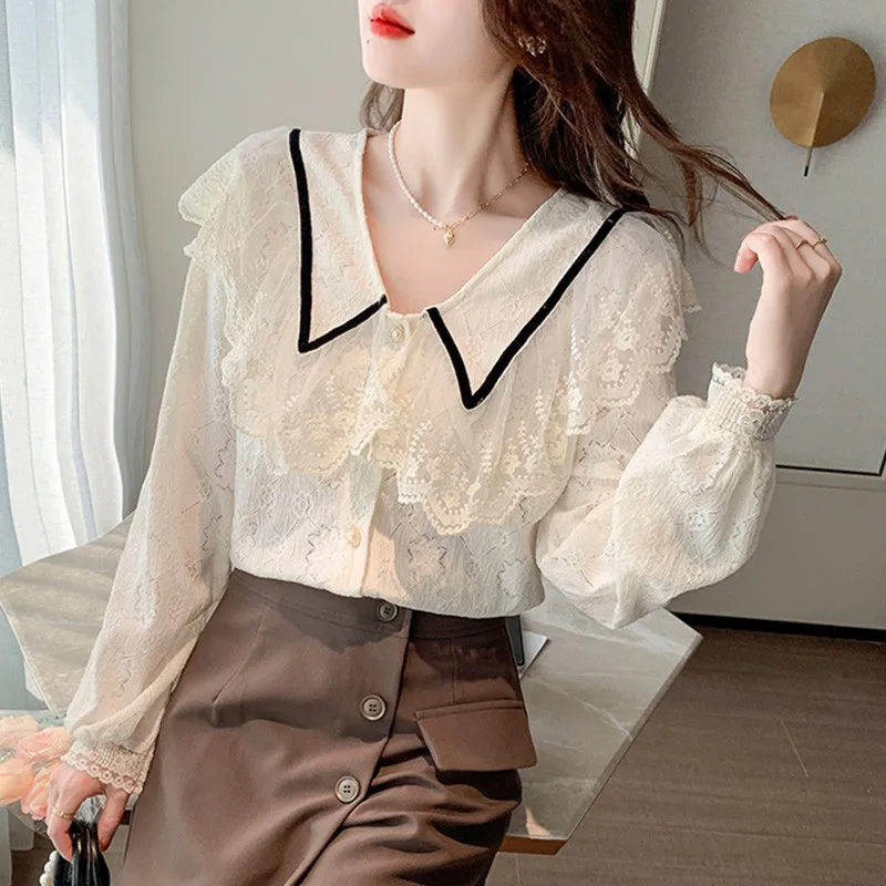 

Ladies Elegant Lace Blouses Shirts New Arrival 2022 Spring Korean Style Turn-down Collar All-match Women Long Sleeve Tops W845