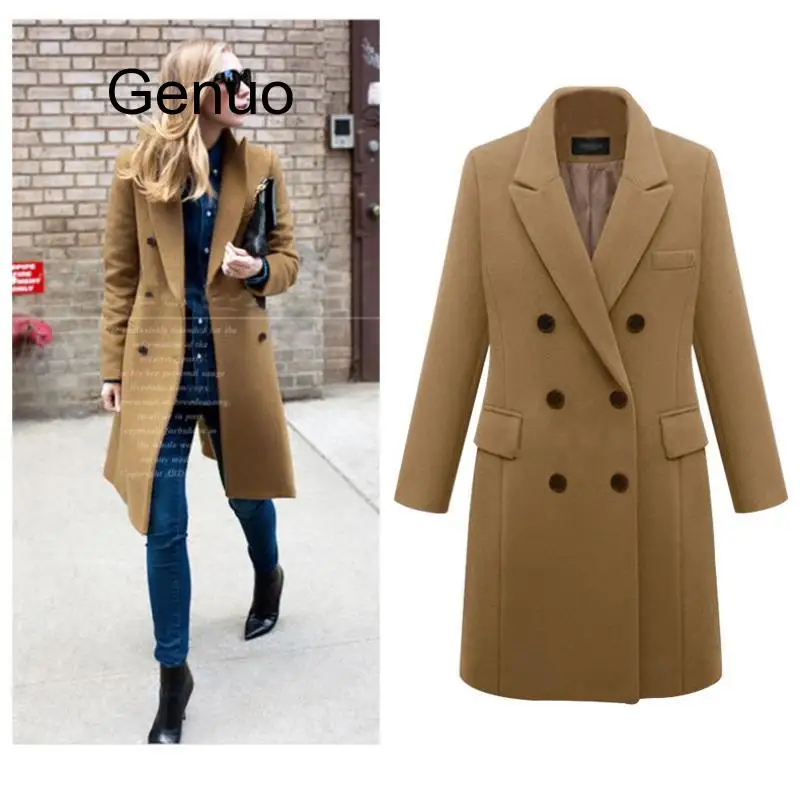 

Autumn Winter Coat Women 2020 Casual Solid Wool Jackets Blazers Female Elegant Double Breasted Long Coat Ladies Cloth