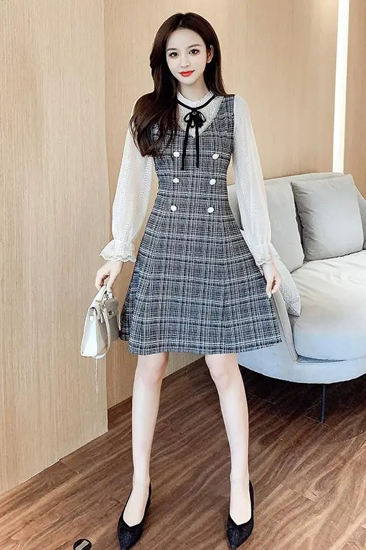 

COIGARSAM Plaid Women one-piece dress korean New Spring Patchwork Lace High Waist Dresses Khaki Gray 8698