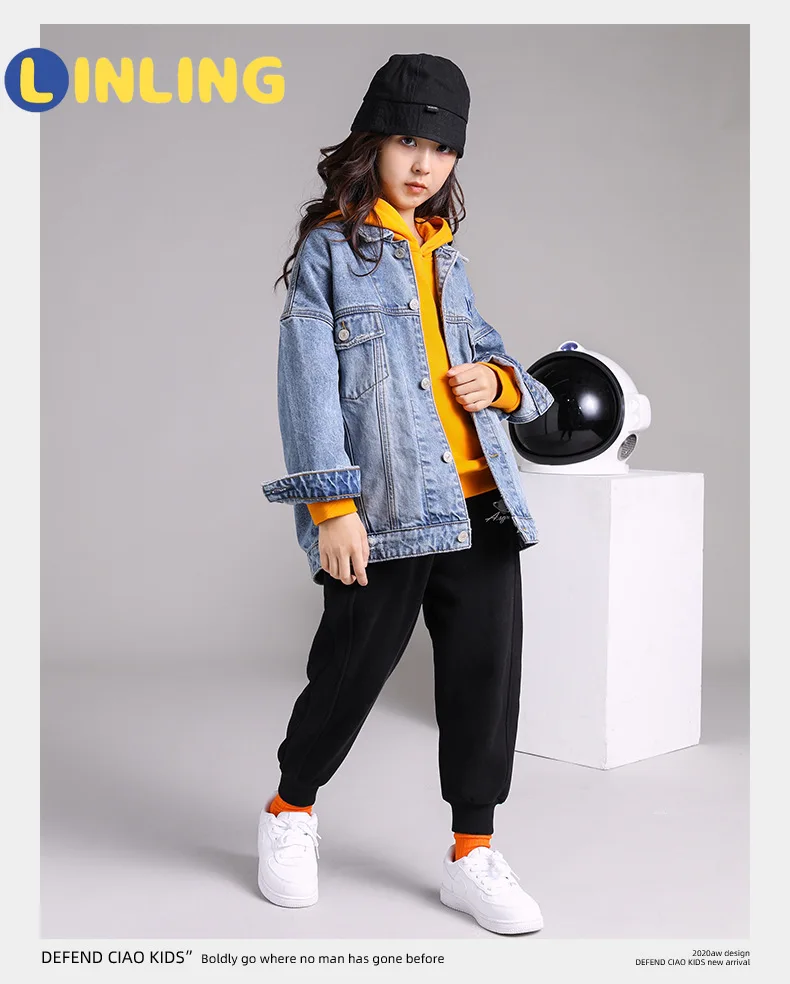 

LINLING 2020 Casual Kids Girls Denim Jean Fall Jacket teenage clothing Button Coat Outwear Tops Outwear Streetwear V259