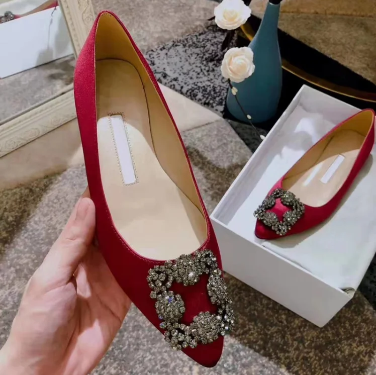 

New Women Flat Shoes M Brand Square Buckle Drill Silk Women Shoes Light Mouth Red Wedding Shoes 34-42 No Box