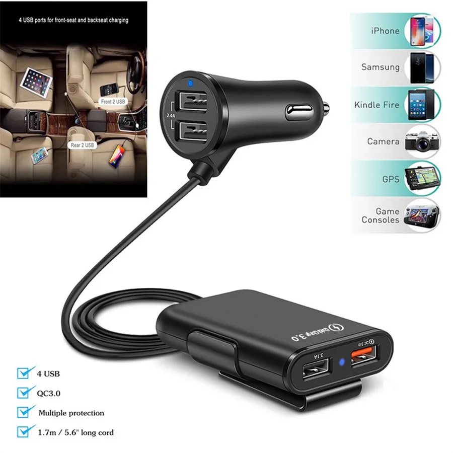 USB Автомобильное зарядное устройство Быстрая зарядка QC 3,0 4 порта быстрое автомобильное зарядное устройство для телефона 5.6ft удлинитель для iphone X Xiaomi автомобильное зарядное устройство
