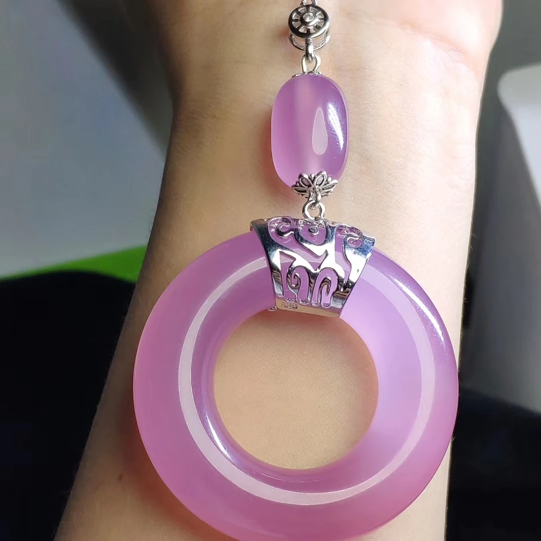 

LETSFUN Natural Purple Chalcedony Jade Agate Peace Buckle Circle Donut Necklace Silver 925 Jewelry Necklace