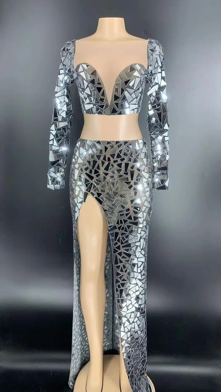 

7 Colors Silver Mirror Transparent Chest T-shirt Long Skirt Birthday Celebrate Dress Bar Prom Women Dance Outfit Set