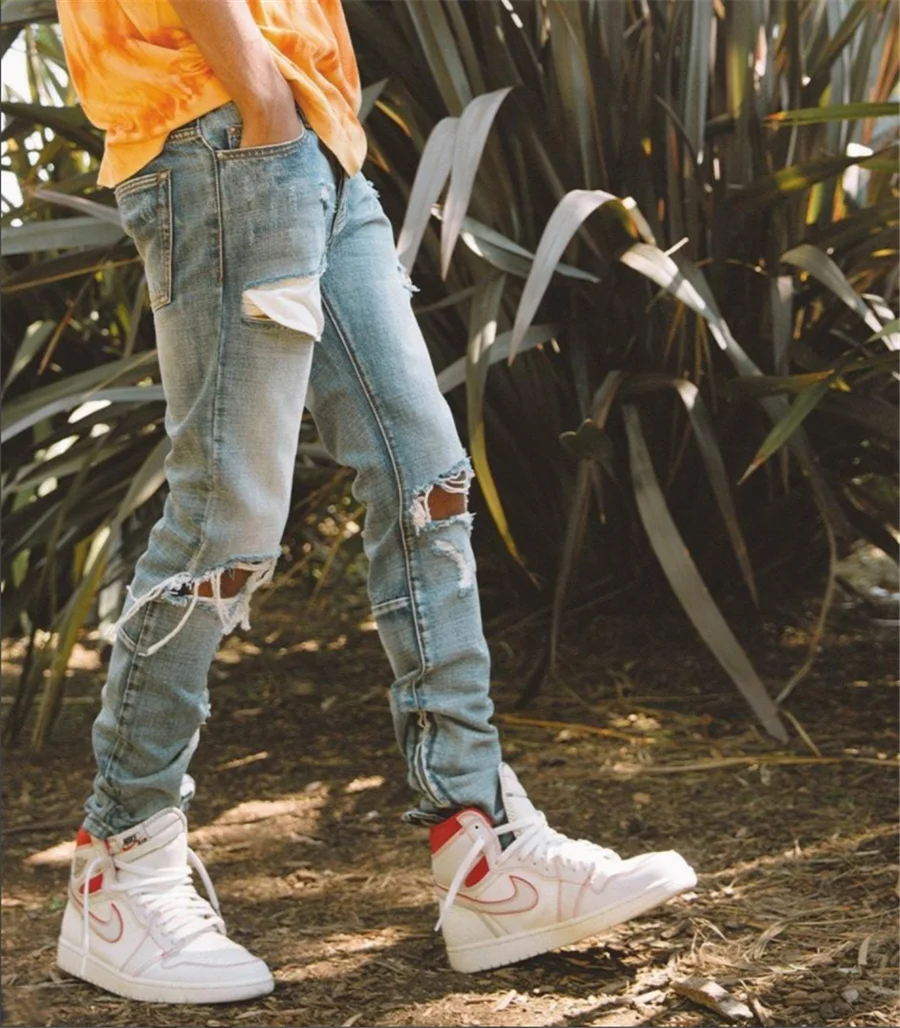 SEASONLESS Authentics Male Washed Stretch Destroyed Jeans For Men Clothing Zipper At Inseam Slim Fit Skinny 5-Pocket Cotton