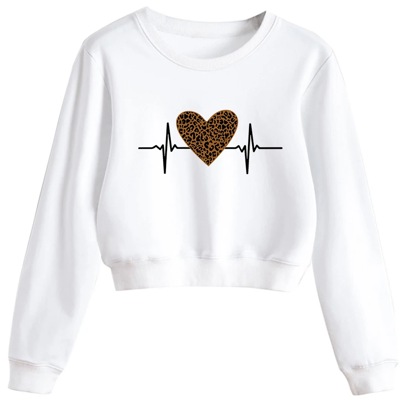 

2021 Leopard Heartbeat Long Sleeve Print Crop Pullover Women Street Clothes Lady Fashion Tops Femme Harajuku Graphic Sweatshirt