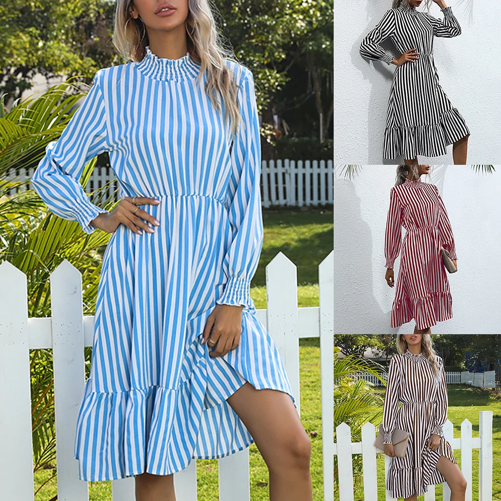 

Bell Long Sleeve Midi Autumn Dress Polyester Knee Length Dress Long Sleeve A-Line Striped High Street Turtleneck Dress