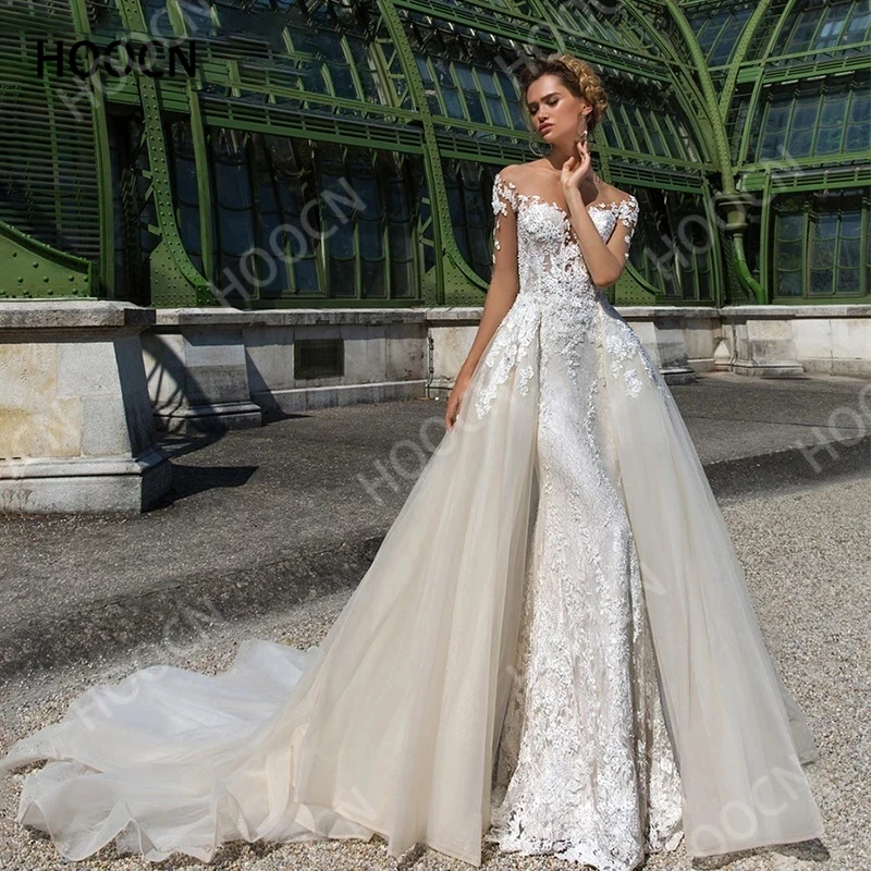 

HERBURNL Sexy Ladies One-shoulder Lace Applique Tail Dress Applique Bridal Dress Ivory Elegant Vestido De Mariee Wedding Dress