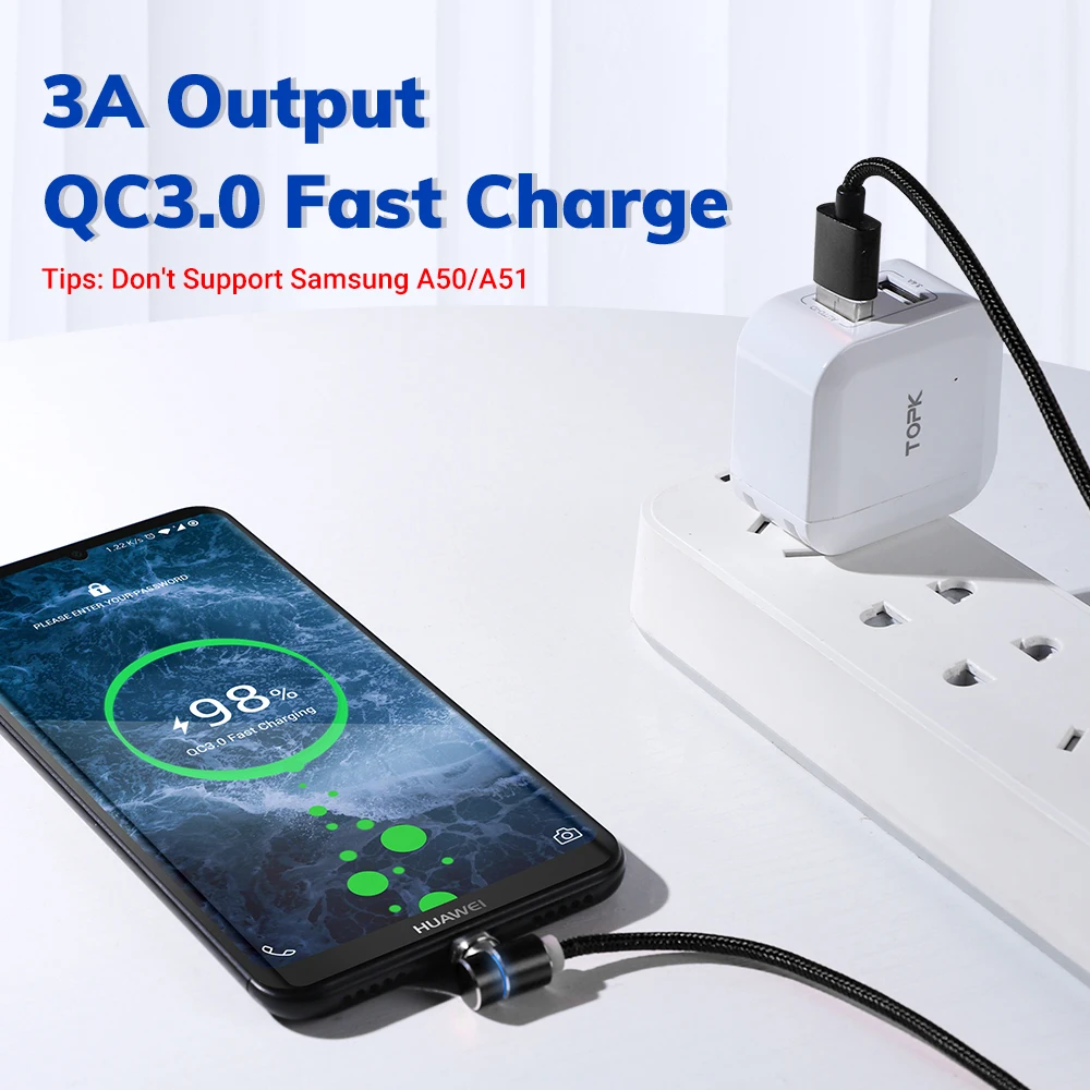 Магнитный светодиодный usb кабель TOPK для быстрой зарядки USB Type C и Micro Samsung Xiaomi iPhone 11 X
