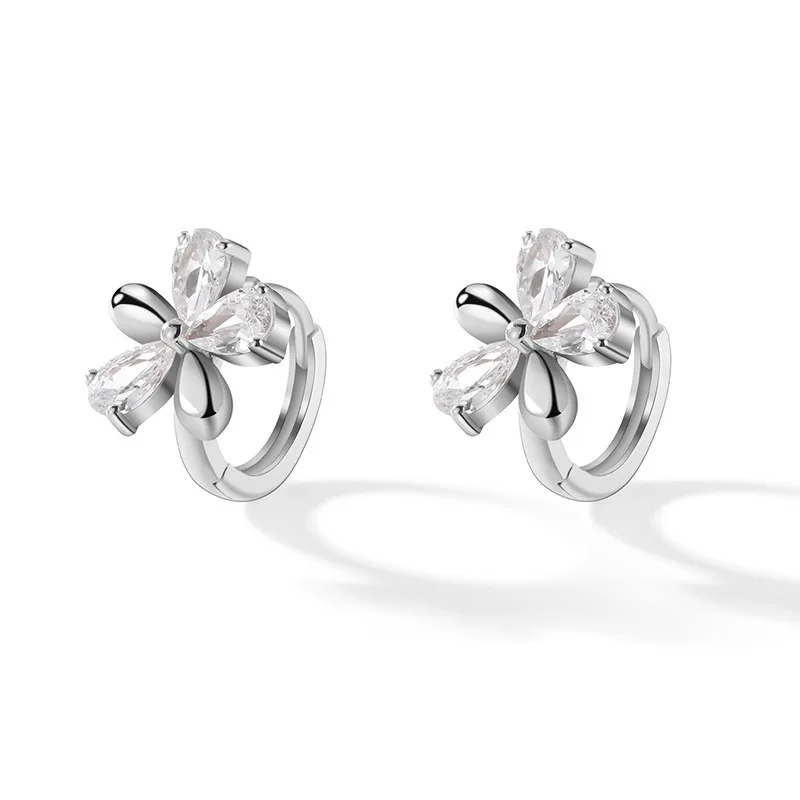 

925 Sterling Silver Piercing Crystal Flower Hoop Earring For Women Party Wedding Earing Jewelry eh1348