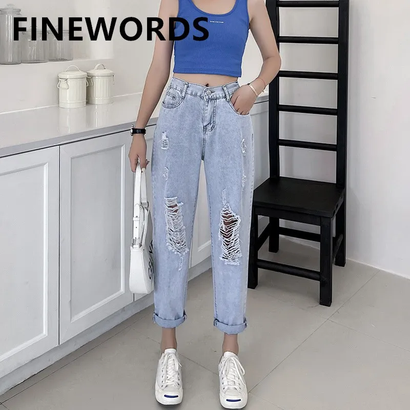 

FINEWORDS High Waist Harem Boyfriend Mom Jean Korean Casual Ripped Jeans Women Plus Size Loose Vintage Washed Distressed Jeans