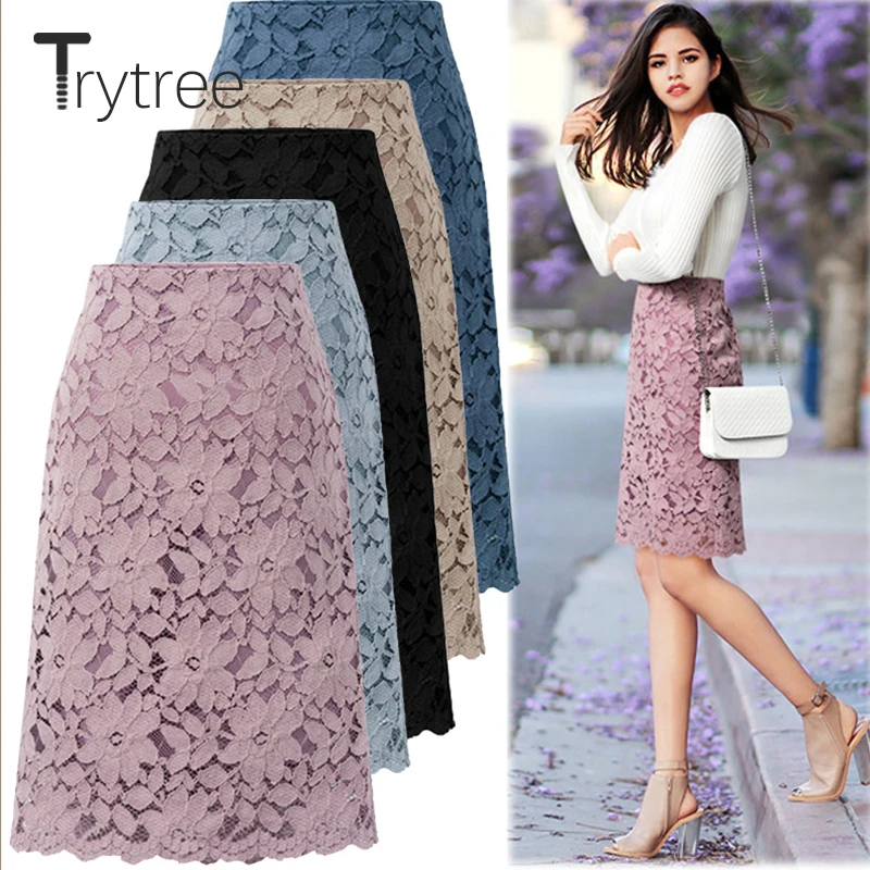 

Trytree Spring Autumn Women Skirt Casual Lace Patchwork A-line Fashion Solid 4 Color Zipper Knee-Length All-Purpose Style Skirt