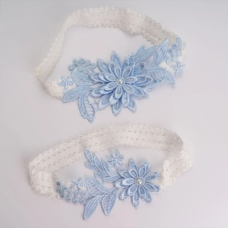 

Womens Bridal Stretch Lace Thigh Rings Set Sky Blue Embroidered Flower Applique Patchwork Faux Pearl Wedding Prom Garter Belt