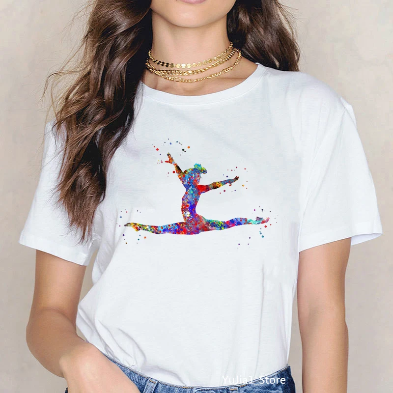 

T-shirts for Women Watercolor Gymnastics Art Print Cotton Tee Shirt Femme Summer New Fashion Shite T shirt Gymnast Gift