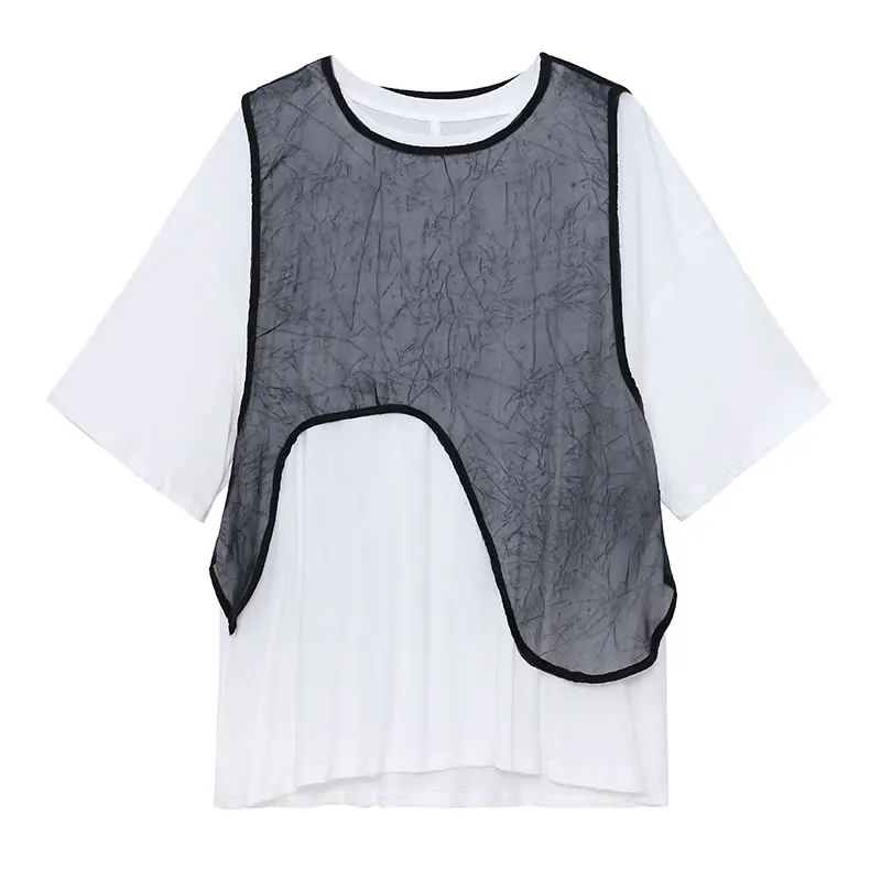 

XITAO Asymmetry Twinset 2121 Summer New Style Black Thin Transparent Outside White Short Sleeve Inside Casual Twinset WMD0647