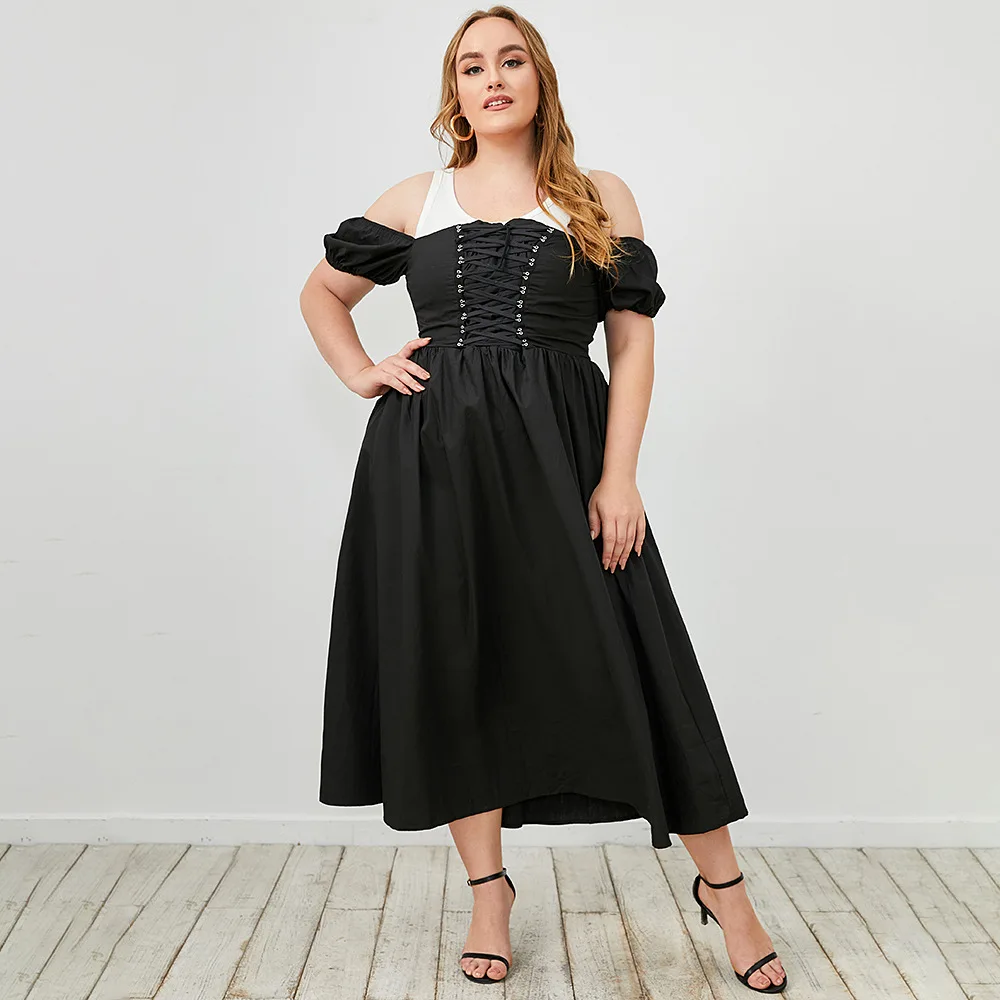 New Spring Summer A-line Plus Size Women Dress Lace-up Short Sleeve Off Shoulder Elegant Black Dress 4xl Midi Party Vedtidos