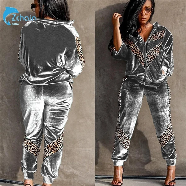 

Women Fall Velvet 2 Piece Outfits Leopard Print patchwork Zipper Jacket Jogging Tracksuit