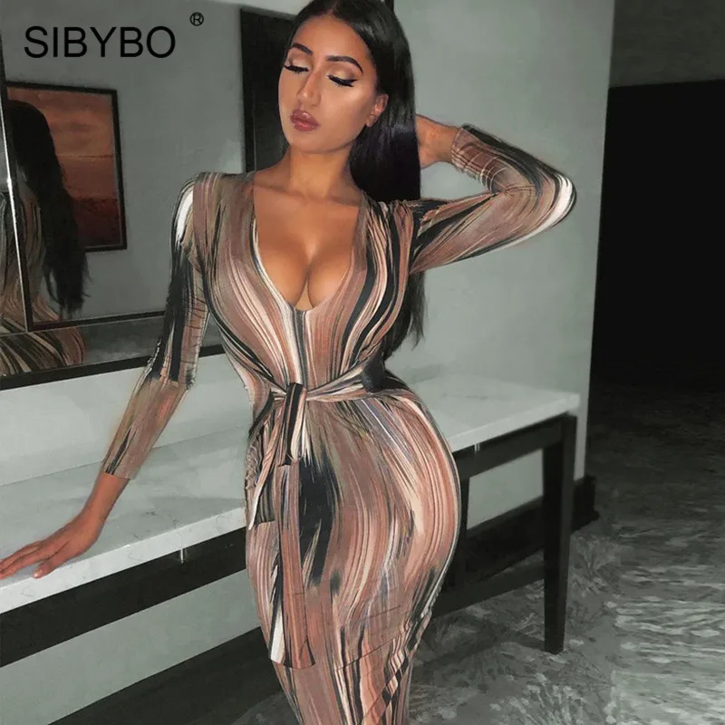 Женское облегающее платье SIBYBO Повседневное с длинным рукавом и завязками