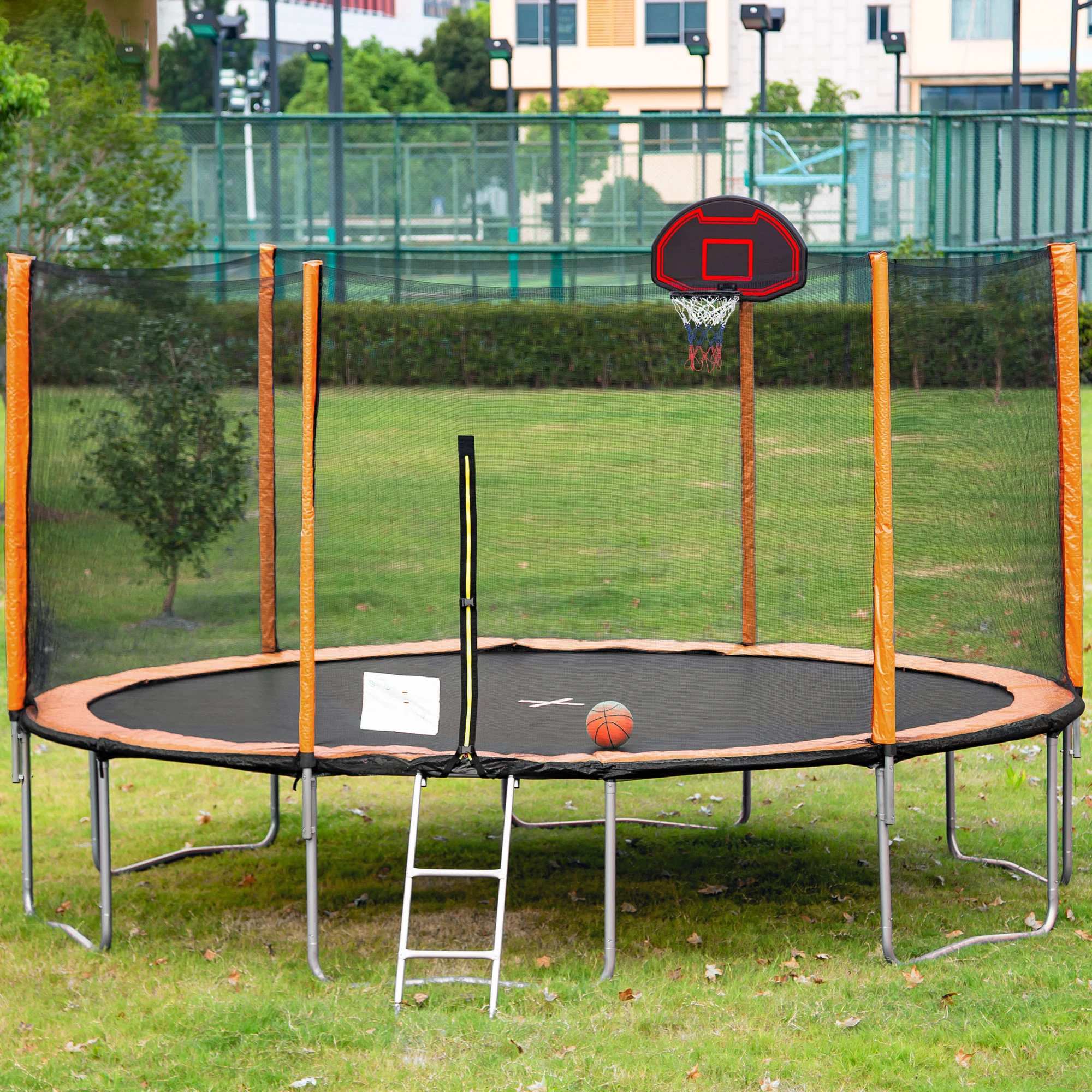 

14FT Powder-coated Advanced Trampoline with Basketball Hoop Inflator and Ladder(Outer Safety Enclosure) Orange