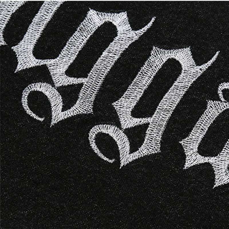 2021 Dark Streetwear Letter Embroidery Black Retro Men Baggy Jeans Pants Hole Ripped Hip Hop Straight Denim Trousers Pantalones