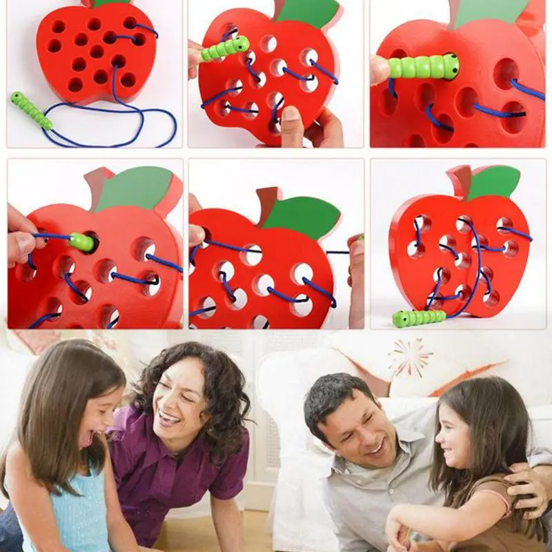 

Wooden Lacing Apple Threading Toys Block Puzzle Game Early Learning Fine Motor Skills Educational Gift for 1 to 3 Years Old