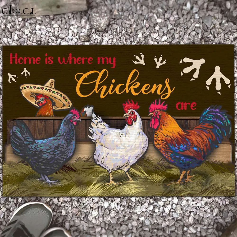 

CLOOCL Funny Chicken Couple Carpets 3D Printed An Old Rooster and His Cute Chick Live Here House Doormat Flannel Kitchen Mat