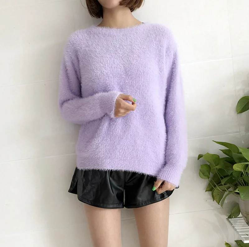 Женский свитер пуловер из мохера однотонный Повседневный свободный круглый