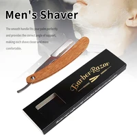 natural made wooden handle men straight barber edge razor change blade type shaving knife and 10pcs blade