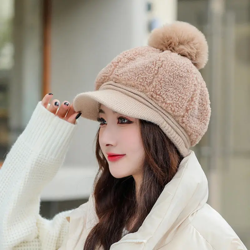 

Khaki Korean Duck Tongue Cap Winter Fluffy Plush Thick Fur Hat Faux Fox Furry Caps Head Warmer Outdoor Visors Women Girl Hats