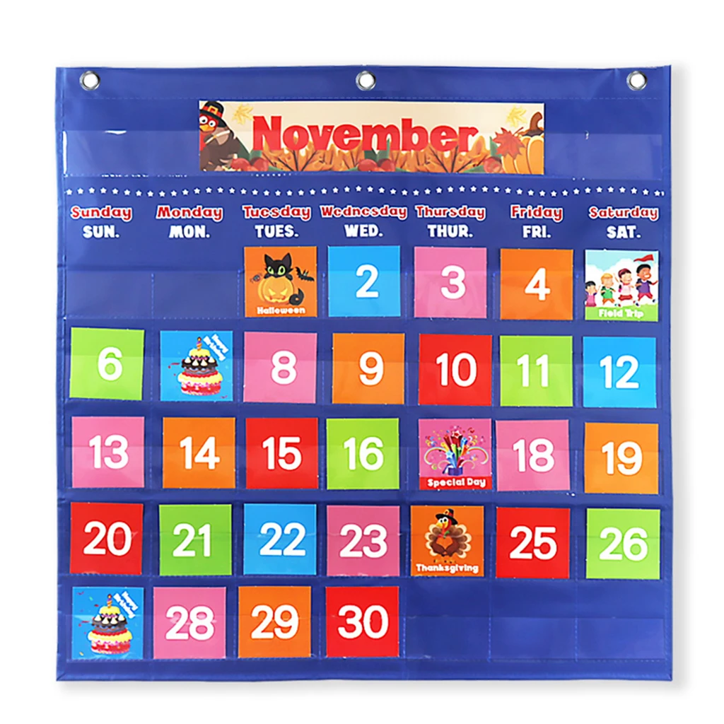 

Child Homeschool Preschool Calendar Pocket Chart Illustrated Cards Wall or Fridge Pocket Chart Kids Toddler Preschool Toy