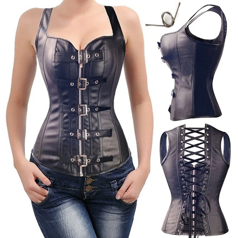 Женский Готический кожаный корсет в стиле стимпанк со стальными костями бюстье