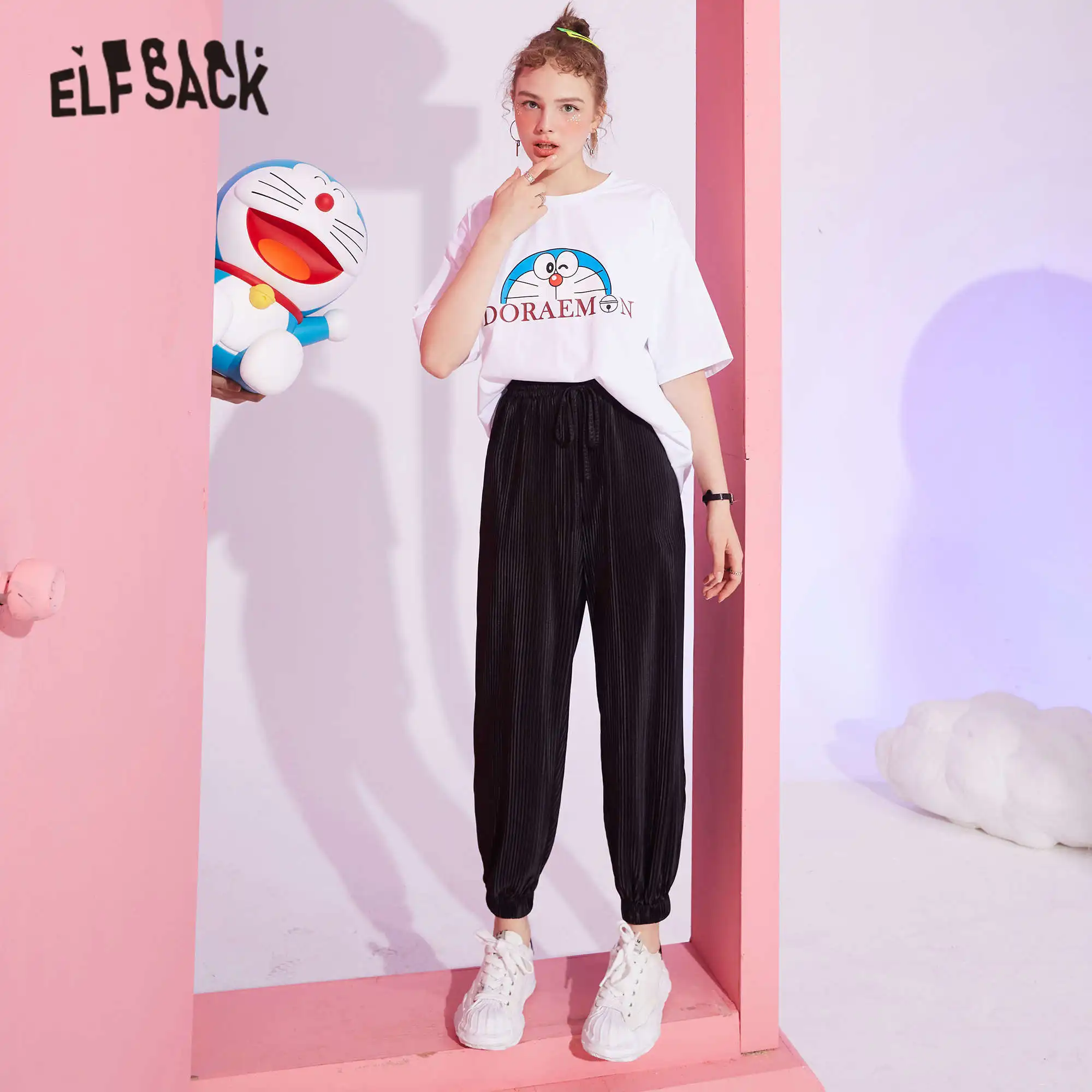 ELFSACK Solid Pure High Waist Straight Casual Minimalist Women Pants 2021 Summer Drawstring Korean Ladies Daily Basic Trouser
