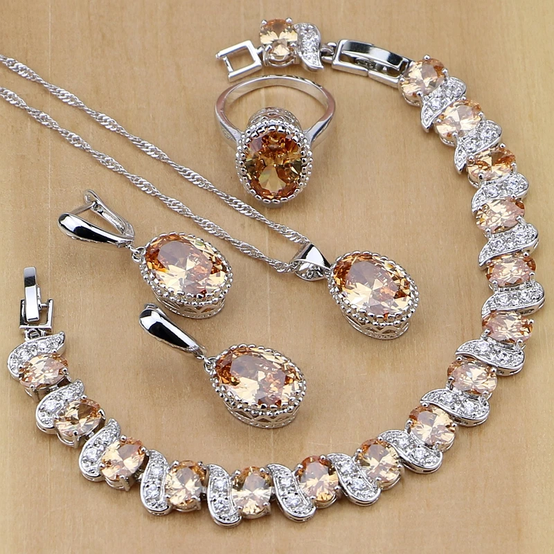 Conjunto de joyería de plata 925 para mujer, set de pendientes/colgante/Collar/anillos/pulsera, zirconia, circonita, champán