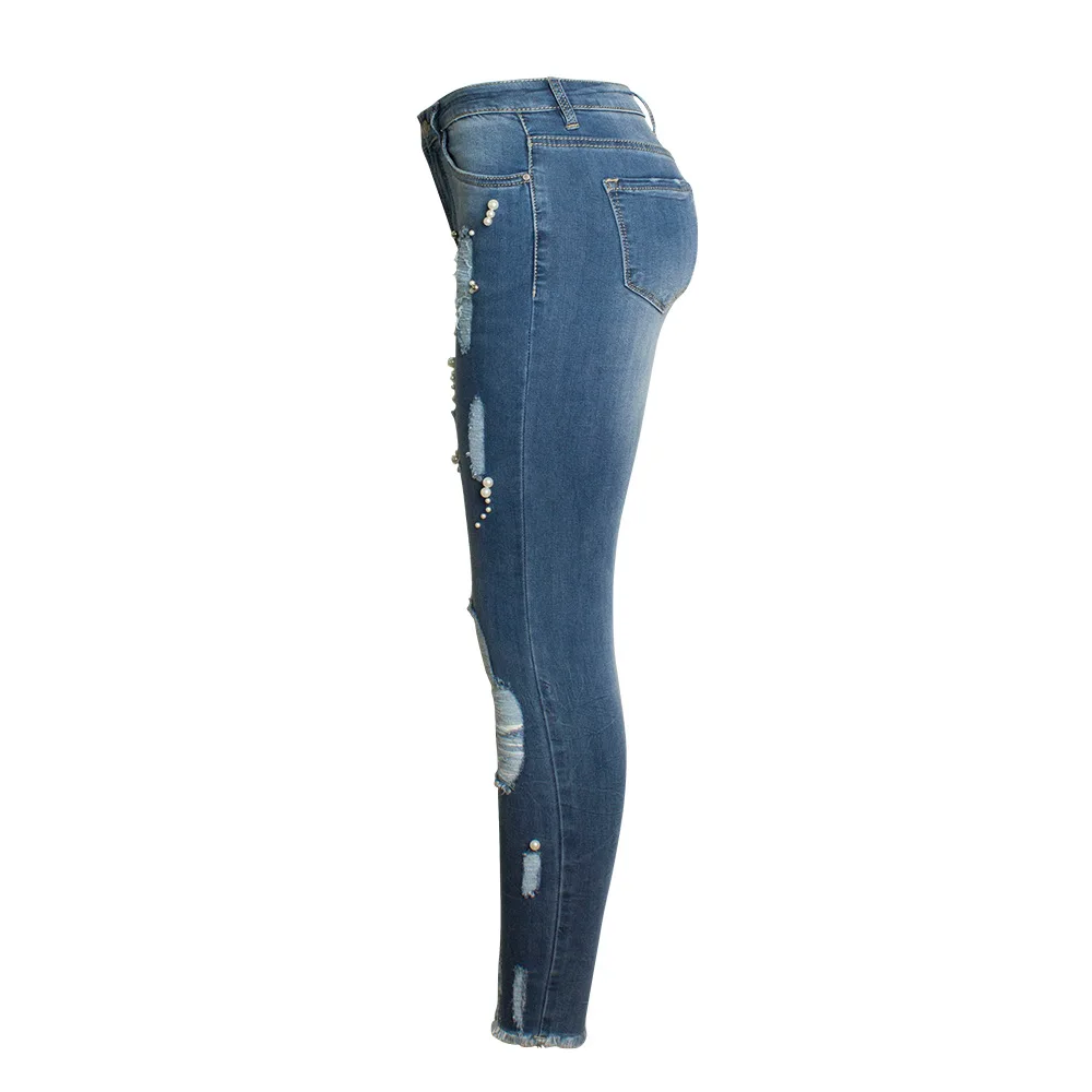 

Women's high waist slim elastic irregular two color studded pearl denim Leggings