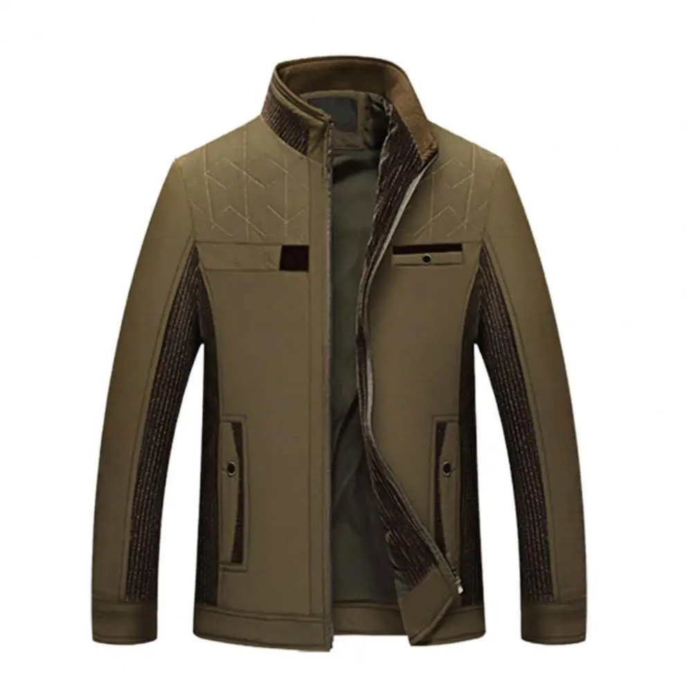 

Men Coat Stand Collar Windproof Solid Color Casual Open Front All-match Middle-aged Men Jacket for Autumn Winter