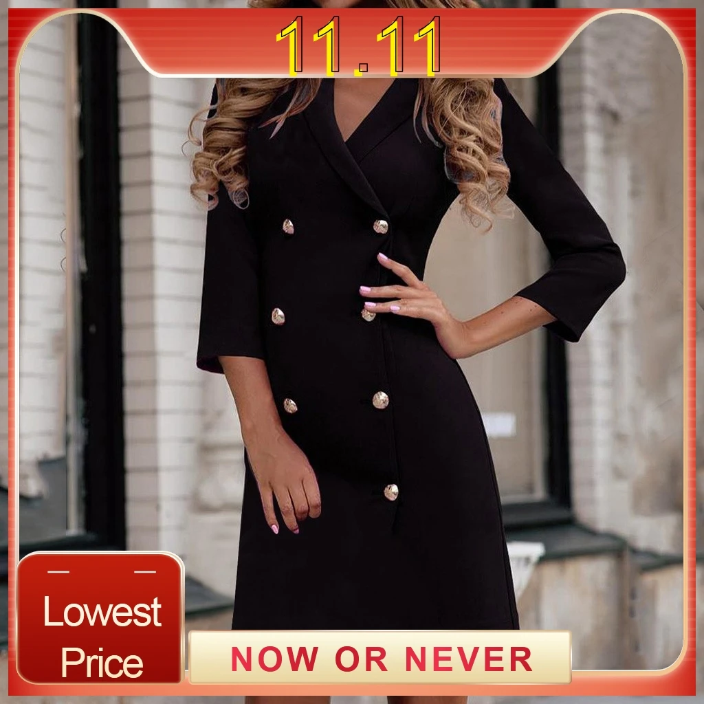 Женское однотонное торжественное платье с отложным воротником двубортное