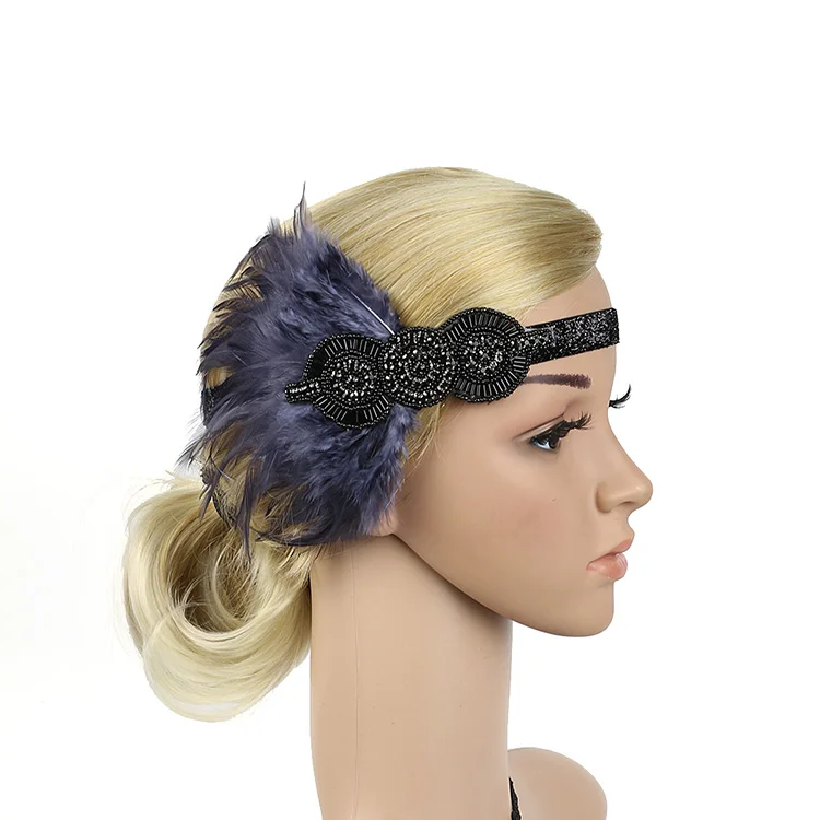 Винтажная повязка на голову с черными и серебряными перьями свадебный головной