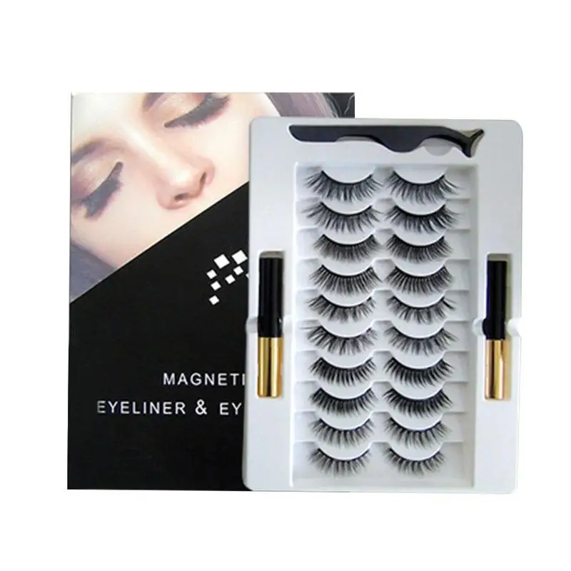 

10pairs Makeup Magnetic Lashes Natural 3D Mink False Set Eyeliner Dounle &Tweezer Liquid Tool Eyelashes Magnet Extension T6I5