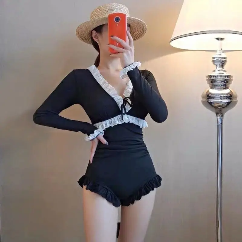 

Swimsuit Female 2022 New Fairy One-Piece Black Long-Sleeved Cover Belly Slimming Chest Gathered Hot Spring Vacation Swimwear