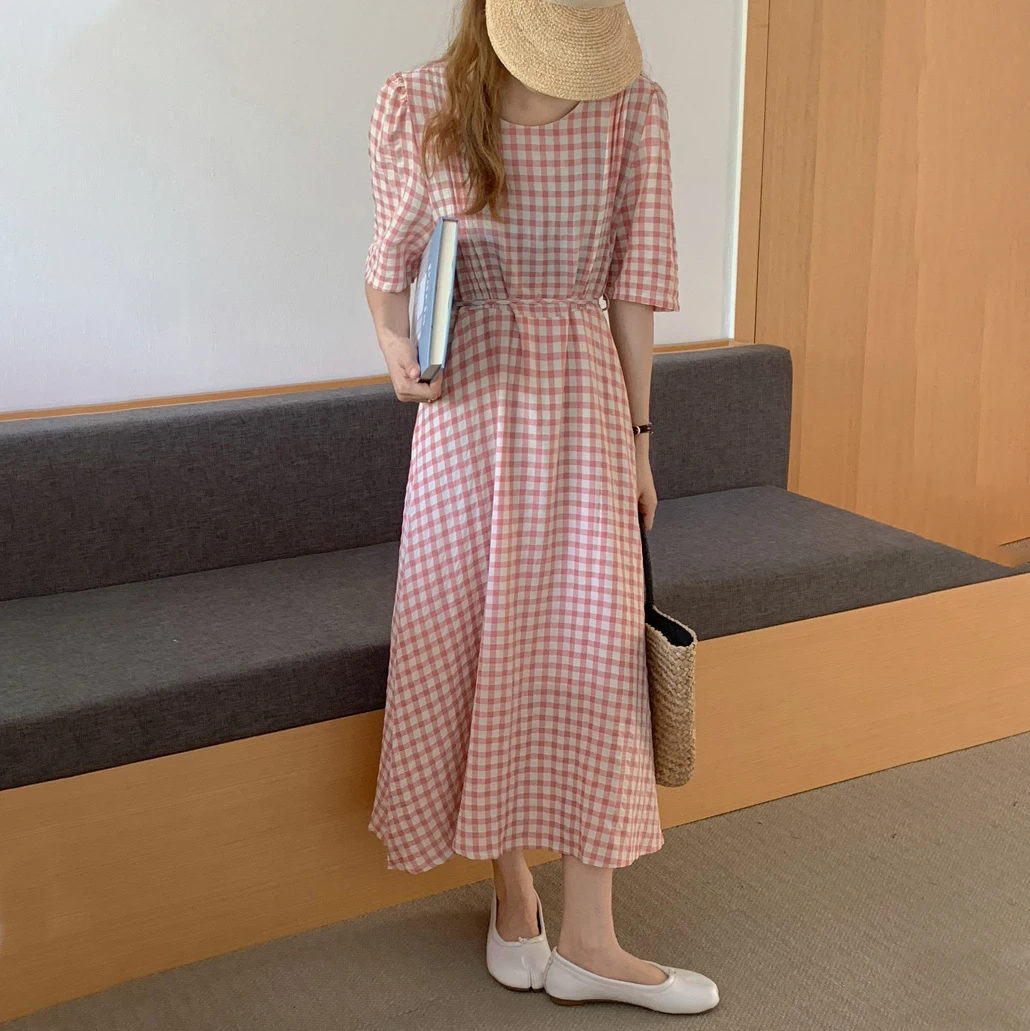 

2021 New Women Summer Green Plaid Long Dress Sashes Round Collar Slim Waist Pullover Maxi Sundress