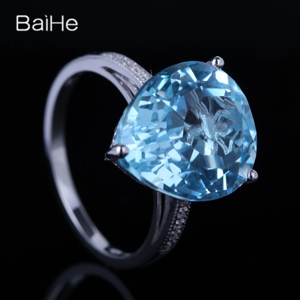 Однотонное кольцо BAIHE 14K с белым золотым голубым топазом для женщин и мужчин