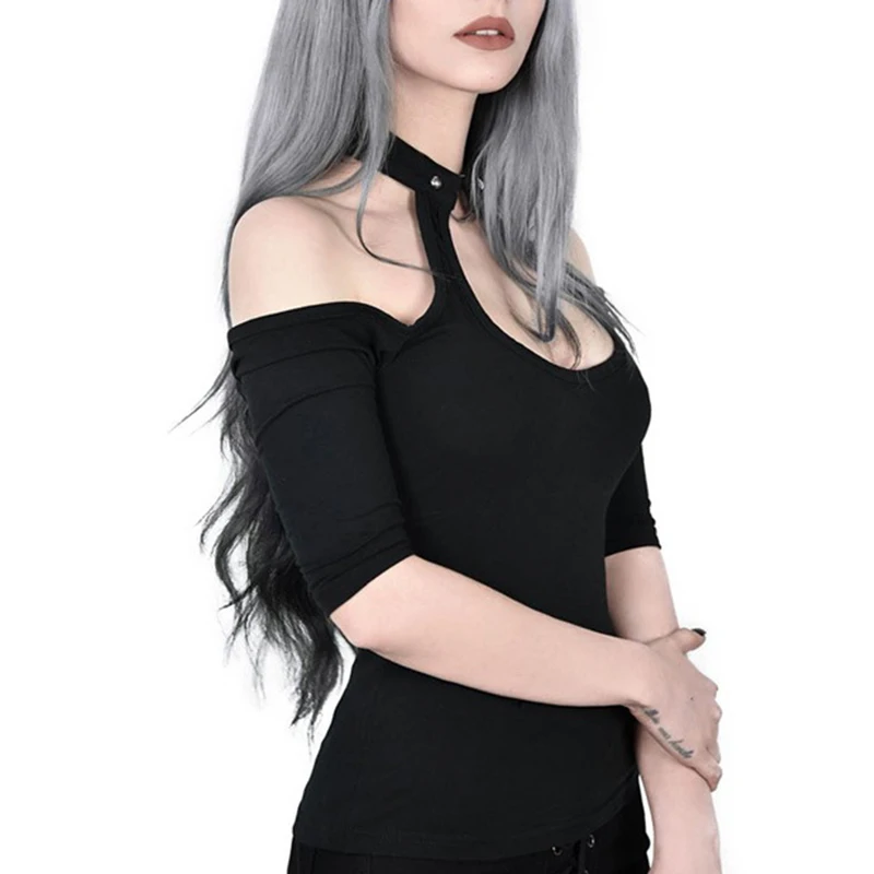 

Black Dark Goth Woman Sexy T-shirts 2022 Lady Halter Off Shoulder Big Hollow Out Backless Tshirt Gothic Chic Punk Iron Ring Top