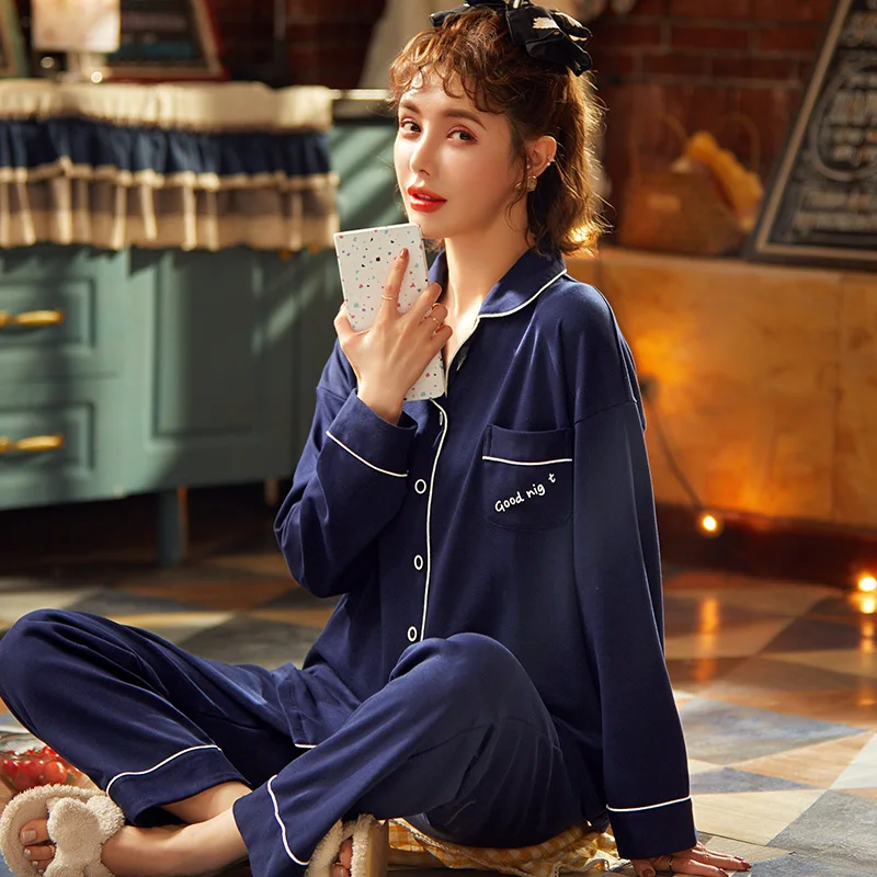

Winter News Cotton Pajamas Set Sexy V-neck Deep Blue Lapel Pajamas Long Sleeve Nightwear Loose Plus Size Homewear Sleepwear