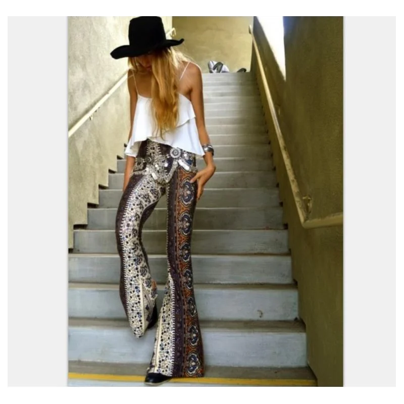 

Womens Summer Floral Print Pants Zipper Fly Casual High Waist Flare Wide Leg Long Trousers Pantnes -40