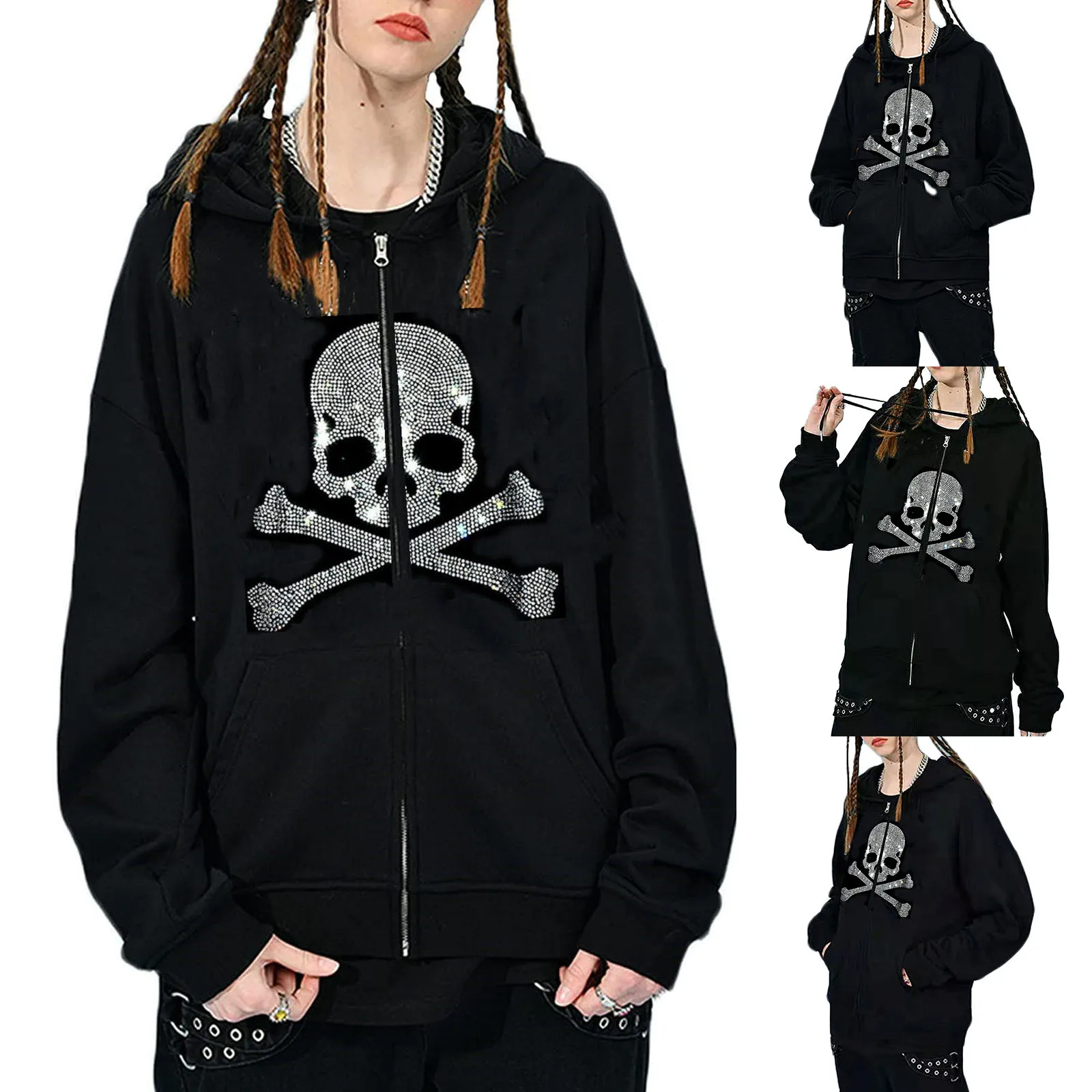 

Autumn Women Gothic Y2K Hoodies Sweatshirts Ladies Rhinestone Skeleton Pattern Long Sleeve Cardigans with Pockets Drawstring