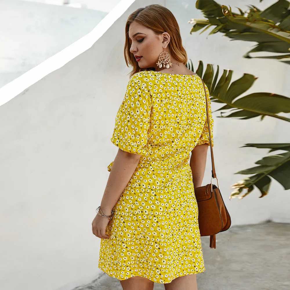 Женское Повседневное платье с коротким рукавом, полуофициальное платье с v-образным вырезом, желтое платье с ромашками, лето 2020 от AliExpress WW