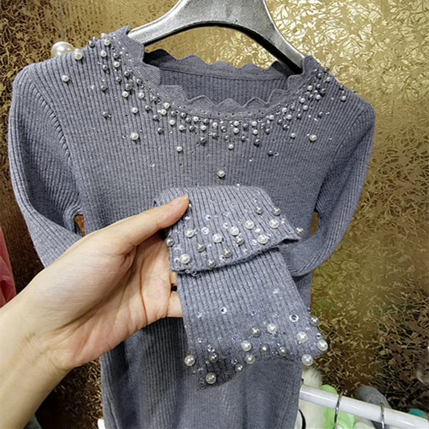 Свитер женский осенне-зимний блестящий с жемчужной отделкой | Женская одежда