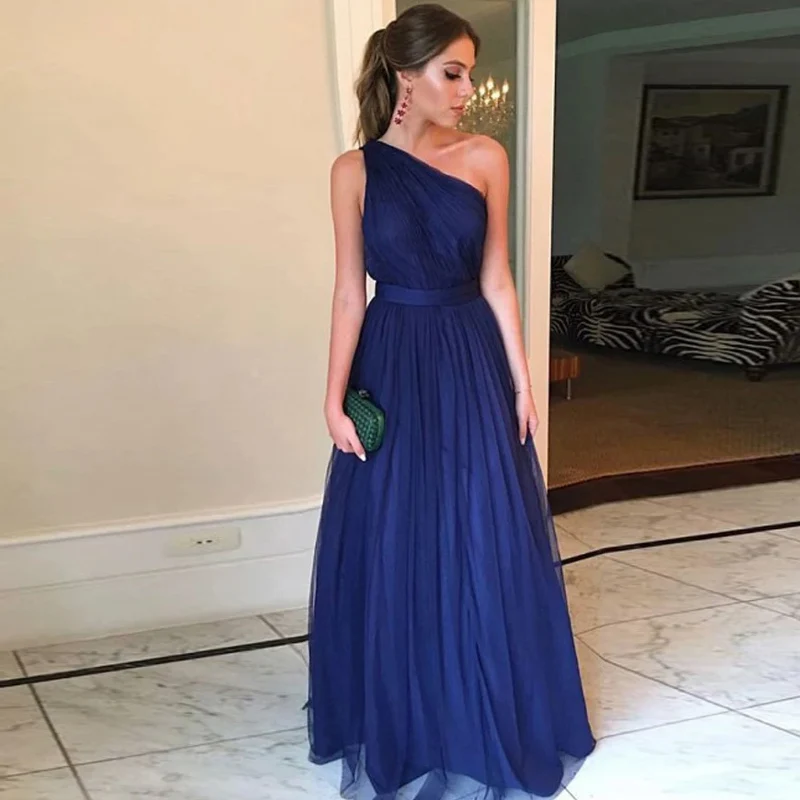 Простое вечернее платье с одним плечом ярко синее сексуальное открытой спиной из