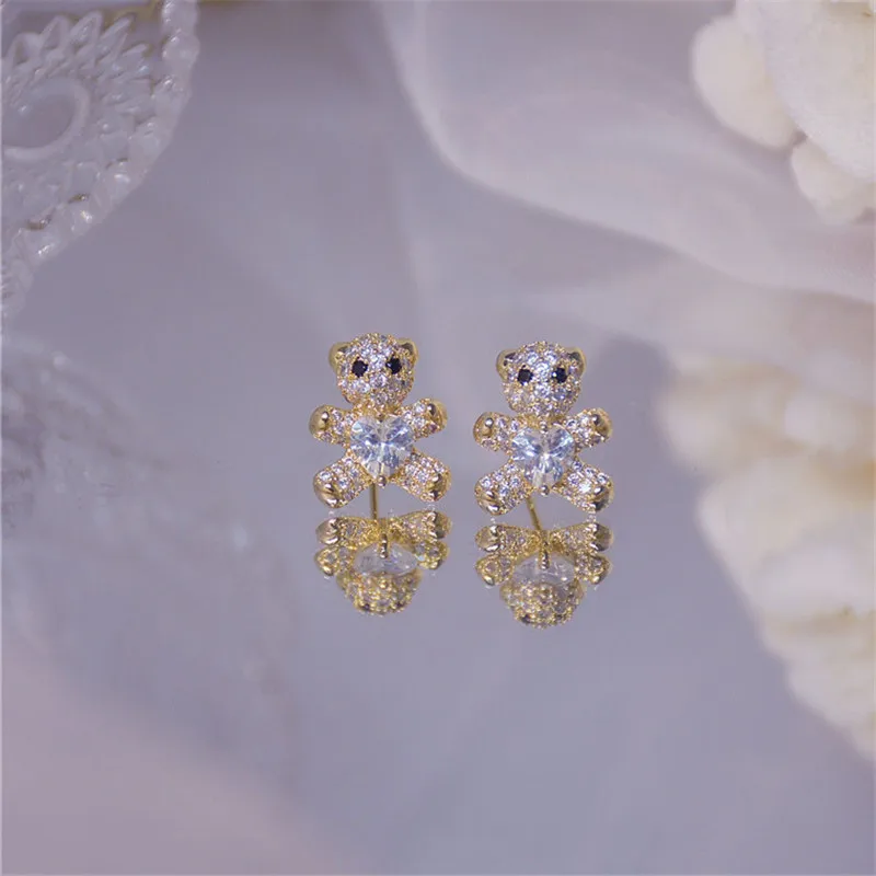 

New 14K Gold CZ Crystal Cute Bear Stud Earrings Women S925 Silver Needle Heart-shaped Zircon Earrings Jewelry Gift for Girl