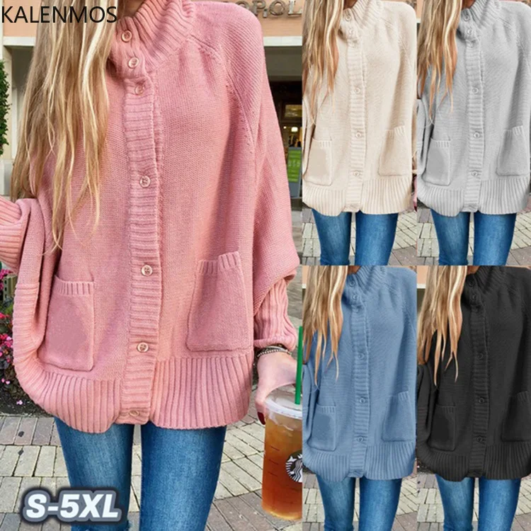 KALENMOS Winter Clothes Women Sweater 5XL Plus Size Half-high Collar Loose Bat Sleeve Solid Color Cardigan Turtleneck |